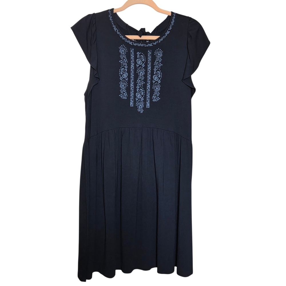 LOFT Womens Navy Embroidered Flutter Sleeve Tie Back Knit Dress Size M Cottage